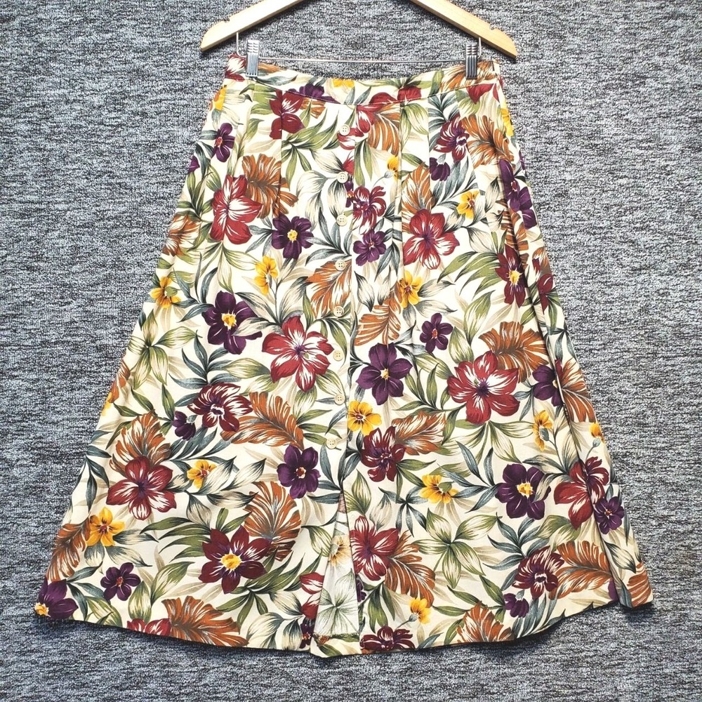 VTG Alfred Dunner Tropical Floral Midi Skirt Women 16 Beige Button Front Coastal
